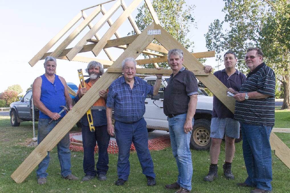 Rotarians Shane McMahon, Cameron Whyte, John Stacpoole, Morrie Allgood, Steve Stacpoole and Ron McCormick hard at work on the new barbecue shelter at Emu Park. ` Picture: PETER PICKERING
