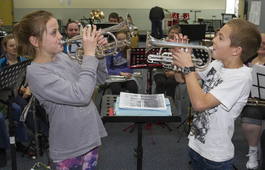 The Wimmera Bands Group is holding its annual Music School in Ararat this year at the Ararat College. More than 100 musicians of all ages have descended on Ararat to take part which will culminate with a free concert on Sunday. Pictured dueling cornet players, Hetty and Walter. More info in tomorrow's Ararat Advertiser.