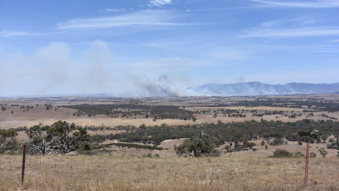 Smoke from the fast moving grass fire is visible from the top of One Tree Hill in Ararat. Pictures: JODIE HOLWELL