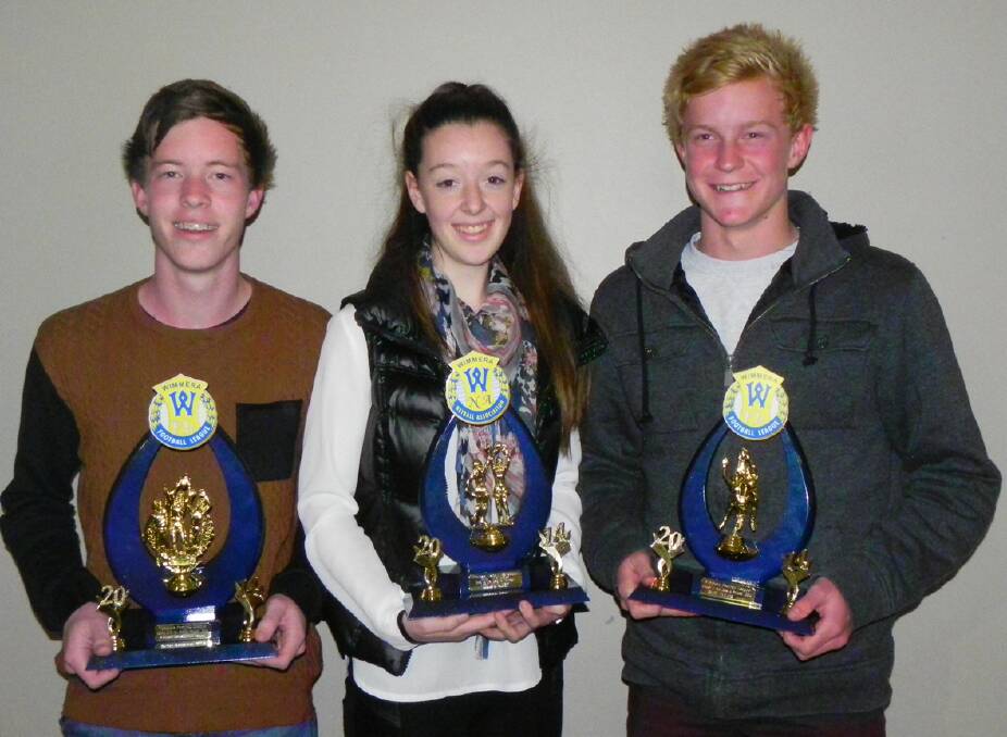The Ararat Rats had a number of award winners at Monday night’s Wimmera football and netball junior best and fairest vote count. Pictured (L-R) is under-17 runner-up Aussie Hamilton, 17 and under third place Lucy Mills and under-17 third place Riley Taylor. Pictures: BROOKE WILLIAMSON