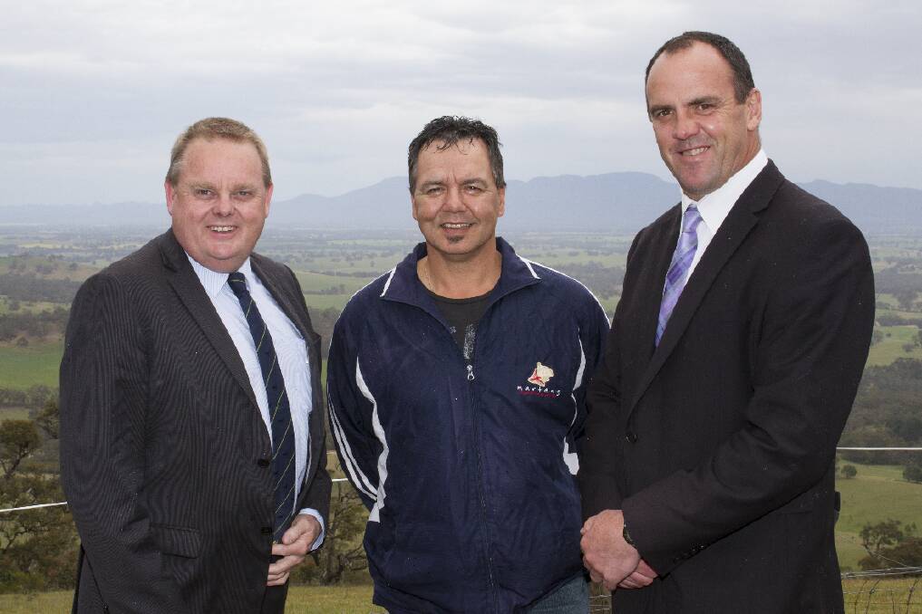 Minister for Aboriginal Affairs Tim Bull, Tim Chatfield and Nationals’ candidate for Ripon Scott Turner in Ararat. Picture: PETER PICKERING