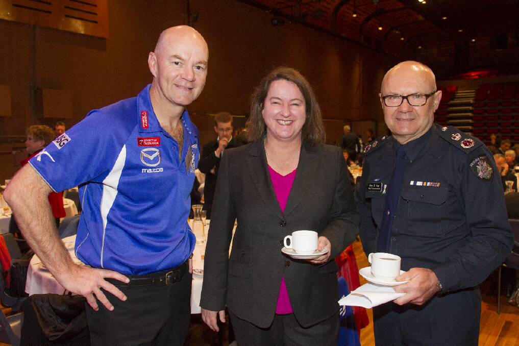 Leading Change breakfast guest speakers, North Melbourne Football Club assistant coach Darren Crocker, Minister for Community Services Mary Wooldridge and Chief Commissioner Ken Lay at the Ararat Performing Arts Centre. 