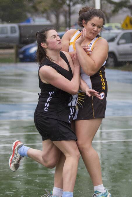 Pic of the Day: Wickliffe/Lake Bolac's Isabel Currenti and Frances Butler from Tatyoon come to grief during the Mininera and District Netball Association match last weekend. Picture: PETER PICKERING