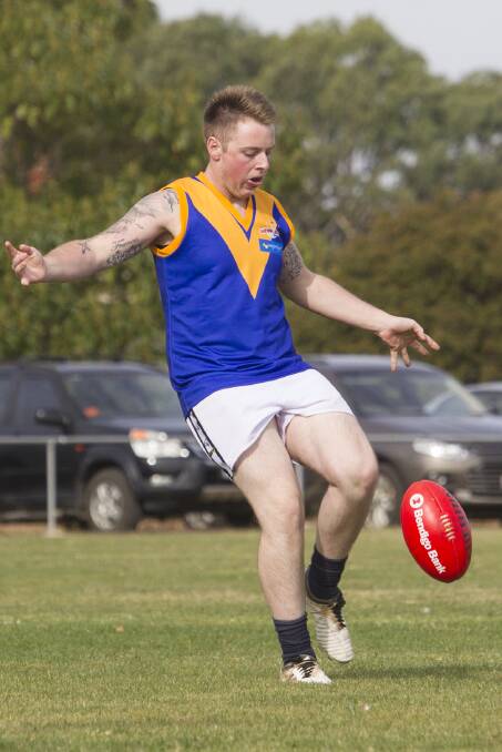 Ararat Eagles’ player Nathan Leggett takes his kick. The Eagles were forced to play in a temporary alternative strip, with an order of new jumpers yet to arrive.