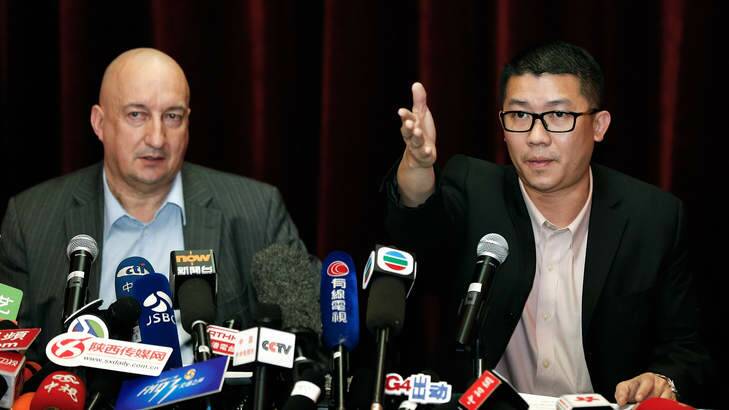 Damage control: Malaysia Airlines executives Hugh Dunleavy and Ignatius Ong address the media in Beijing. Photo: Lintao Zhang