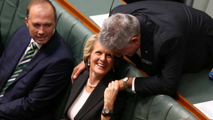 MP Ken Wyatt and Foreign Minister Julie Bishop talk prior to Prime Minister Tony Abbott delivering the Closing the Gap report. Photo: Andrew Meares