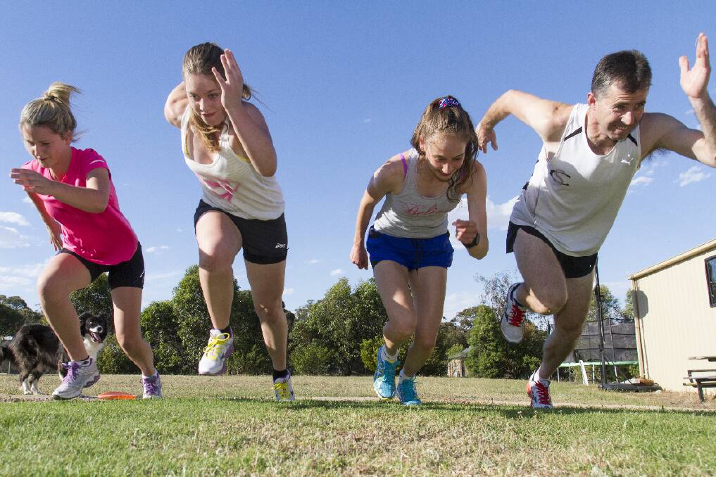 Ararat athletes Georgie Eastick, Ruby Klemm, Tiffany Boatman and Marcus Cooper practice their starts ahead of next Monday s Ararat Gift meeting at Alexandra Oval.  
 Picture: PETER PICKERING