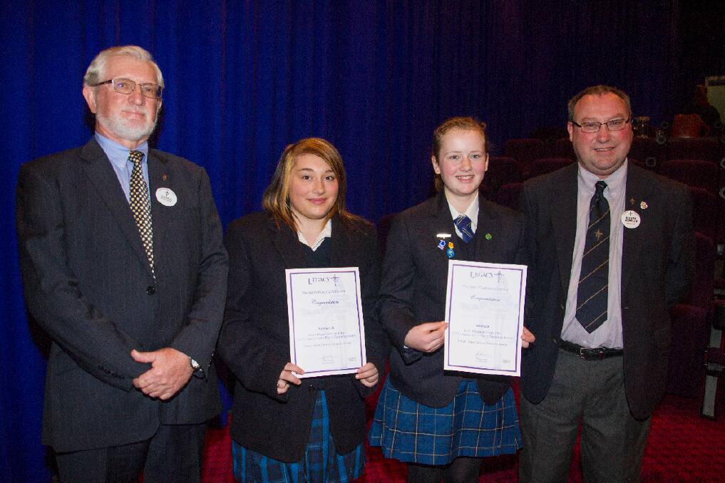 Gordon Archer the chairperson of the Legacy Junior Public Speaking Award, runner up Dana Carlson and winner Bianca Gerrard with Ararat Legacy president Kevin Bowles.