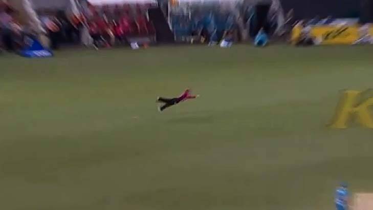 Jordan Silk dives to his left to take an unbelievable catch. Photo: Screen grab: Channel Ten