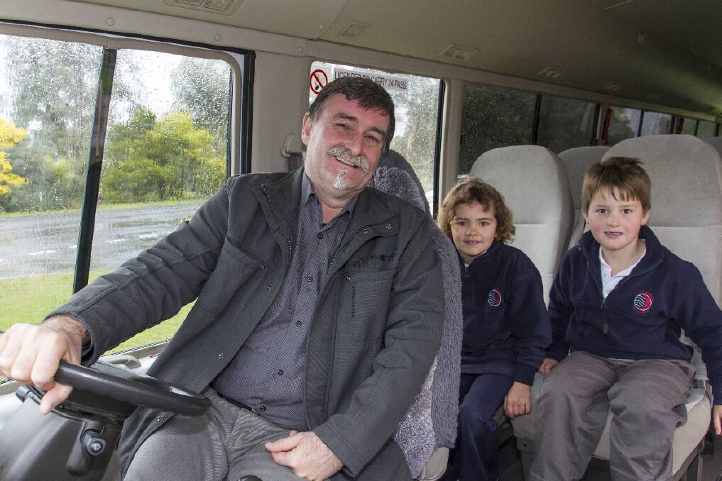 Volunteer bus driver John Wallis with students Charlotte and Lachlan from Lake Bolac P-12 College. Pictures: PETER PICKERING