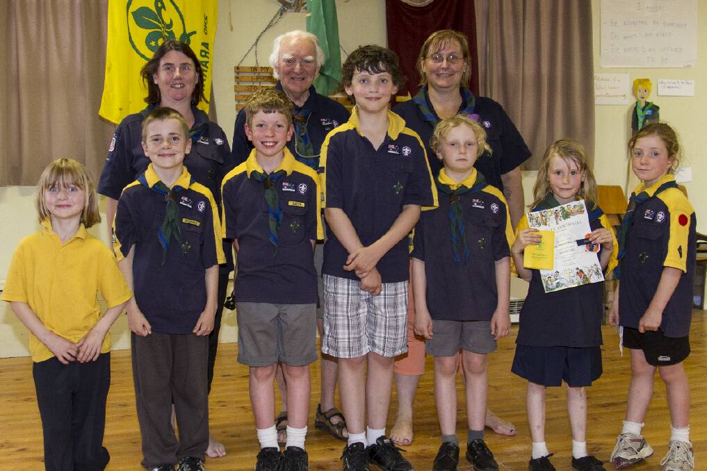 Troop leaders at rear Belinda Graham, John Wilson and Jodie Saunders with Cubs Olivia, Ash, Nathan, Zane, Gabe, Ava and Emily.
