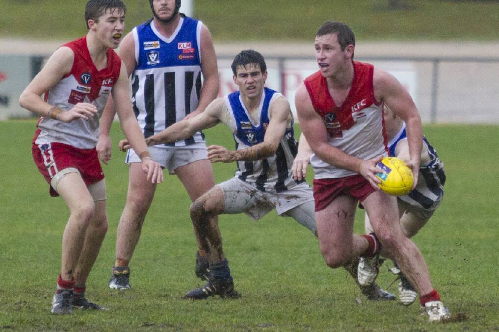 Aaron Searle was one of Ararat’s top performers last weekend in the wet and will be a key player again tomorrow against the Horsham Saints with more showers forecast.