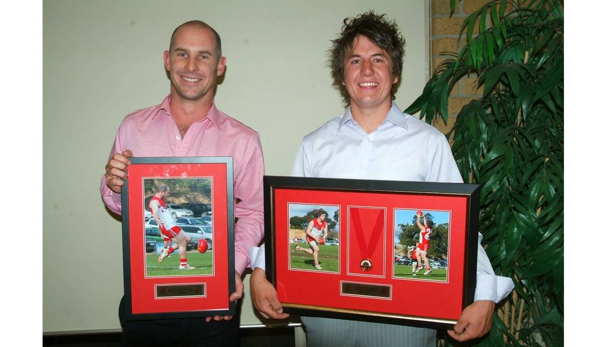 Ararat Rats’ vice captain Jake Williamson (right) capped off a brilliant season by claiming the club’s senior best and fairest with 48 votes. Williamson with his first Olver Memorial Medal is pictured with defender Nick Maddison, who finished third in the count. Picture: SAM SHALDERS.