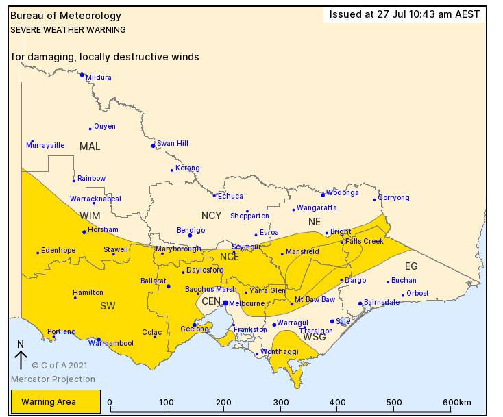 WINDS: The severe weather warning from the bureau updated on Tuesday, July 27. 
