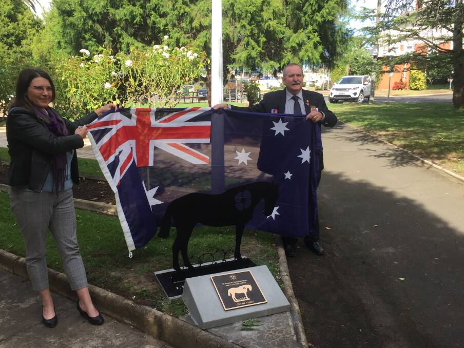 UNVEILING: Ararat Rural City Council mayor Jo Armstrong and Ararat RSL president Frank Neulist with the new war horse memorial. Picture: KLAUS NANNESTAD