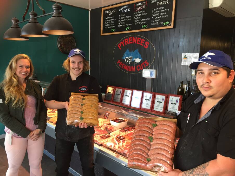 RECIPE FOR SUCCESS: Pyrenees Premium Cuts owner Hayley Collicoat, butcher Sansen Boothey, and first year apprentice Joshua Verde. Picture: KLAUS NANNESTAD