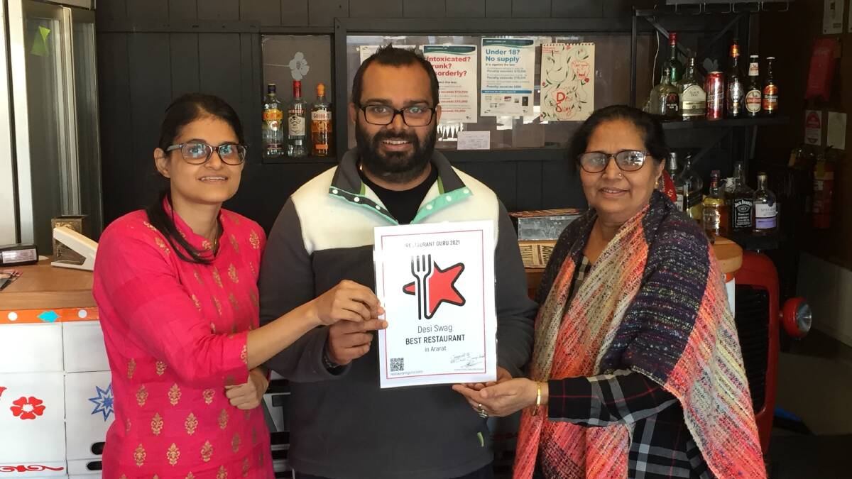 BEST IN BUSINESS: Desi Swag's Sania Sarin, Gurvir Singh Gill, and Sukhjit Kaur with the 2021 Best Restaurant in Ararat award. Picture: KLAUS NANNESTAD