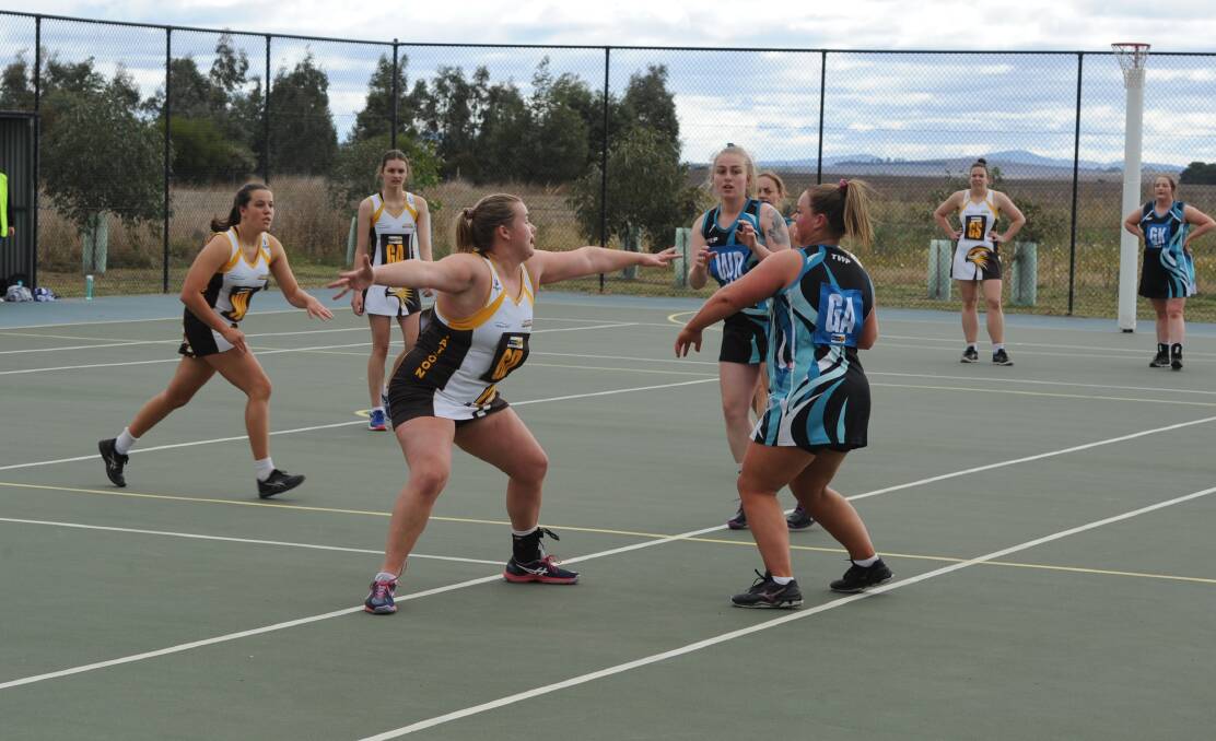 DEFENCE: Jessica Whiteside looks to make a block against Moyston Willaura in round two. Picture: KLAUS NANNESTAD