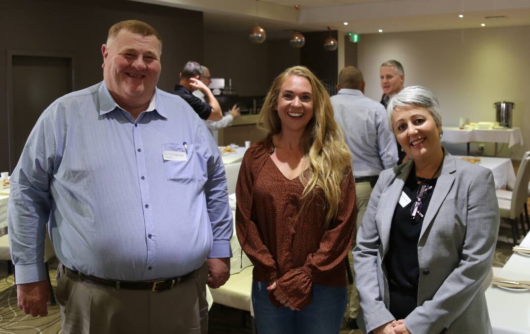 ALL BUSINESS: Ararat Rural City Council chief executive Dr Tim Harrison, Pyrenees Premium Cuts co-owner Haley Collicoat, and Greater Ararat Business Network president Maria Whitford at Wednesday's Business Breakfast. Picture: CONTRIBUTED 