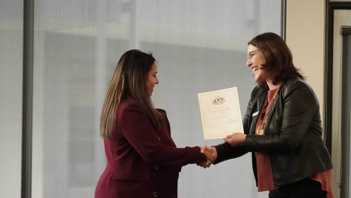 SPECIAL MOMENT: Sree Tiwari receives certification of her Australian citizenship from Ararat Rural City Council mayor Jo Armstrong. Picture: CONTRIBUTED