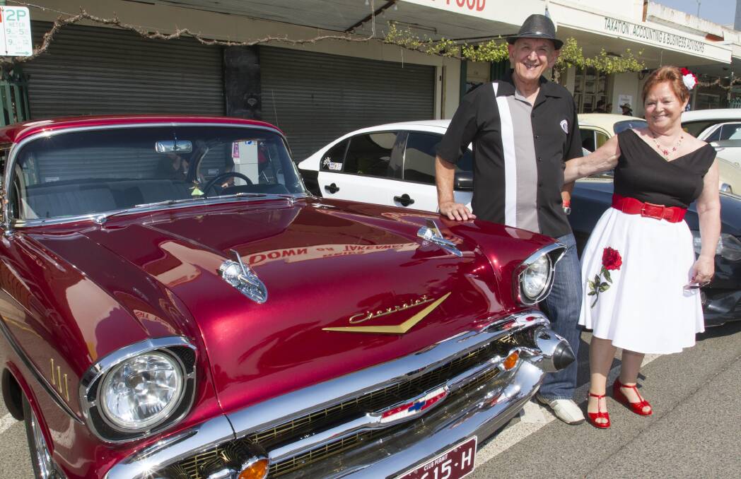 GOOD OL' DAYS: Tibor and Vicki Miskolczi from Hoppers with their Chevrolet during the 2019 Show us your Wheels event in Barkly Street. Picture: PETER PRICKERING
