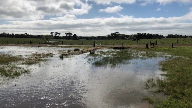A dam overflowing on Peter Oddie's farm in the wake of Saturday's rain. Picture: CONTRIBUTED