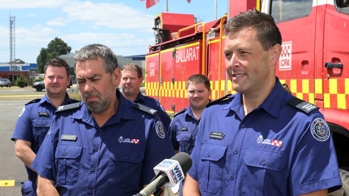 Ballarat CFA deputy group officer Jarrod Pegg speaks with media following a burnover at a fire in Pomonal on Tuesday. Picture by Lachlan Bence