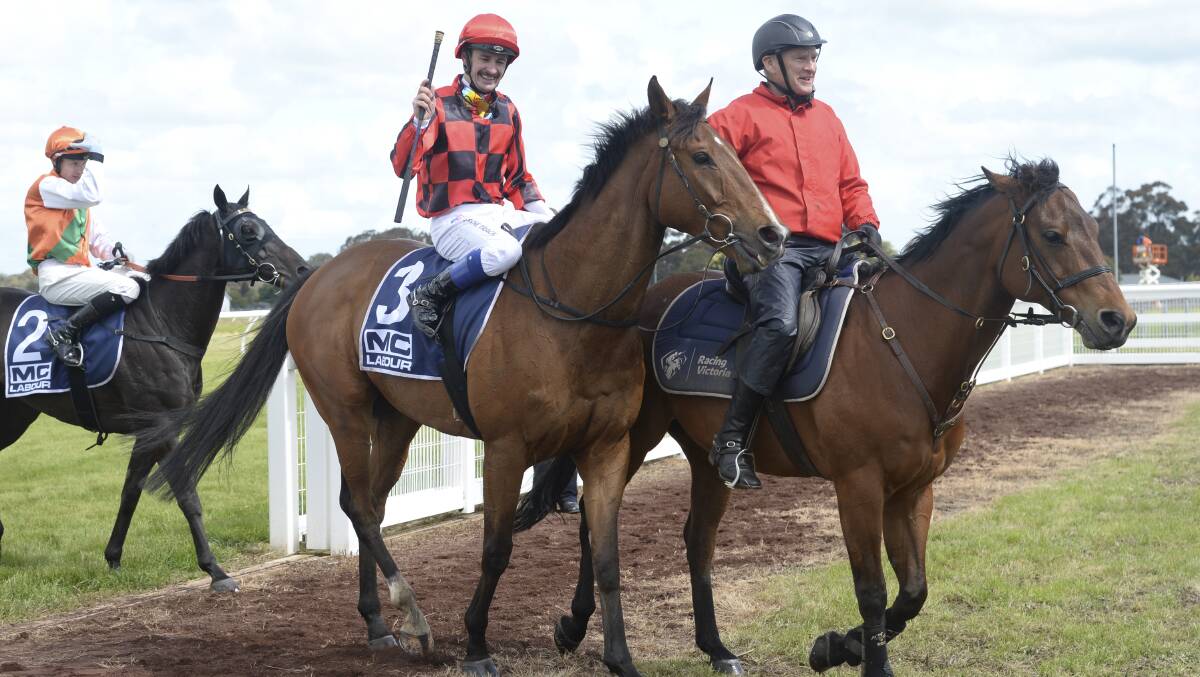 WINNER: Jason Benbow returns to the mounting yard on Barry the Baptist after winning the William Thomson Dunkeld Cup. Picture: ROSS HOLBURT-RACING PHOTOS.