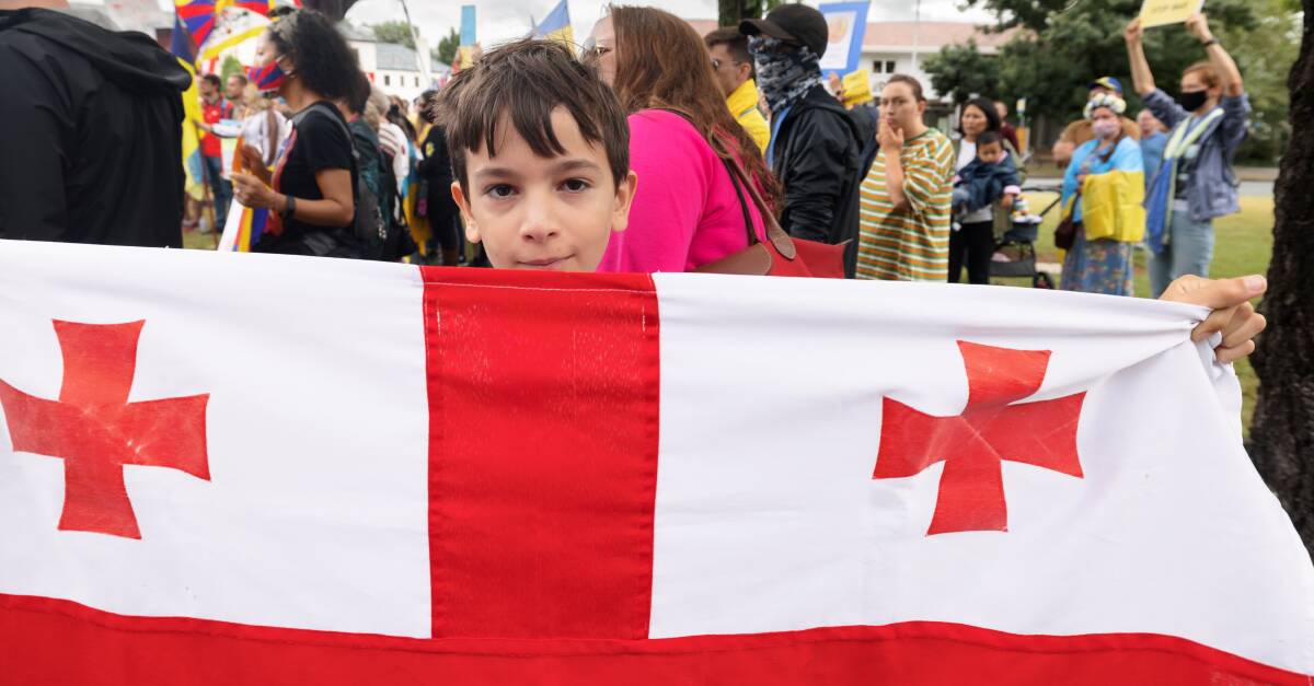 A young protester holds a Georgian flag. Picture: Sitthixay Ditthavong