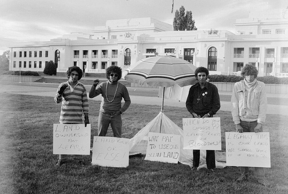 First day of the Aboriginal Tent Embassy outside Old Parliament House, January 27, 1972. Left to right - Billy Craigie, Bert Williams, Michael Anderson and Tony Coorey. Picture: Creative Commons
