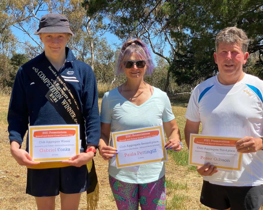 TOP: Club Agreggate winner Gabreil Tonks, second place Paula Pettingill and third place Paul Gibson. Picture: SACCC. 