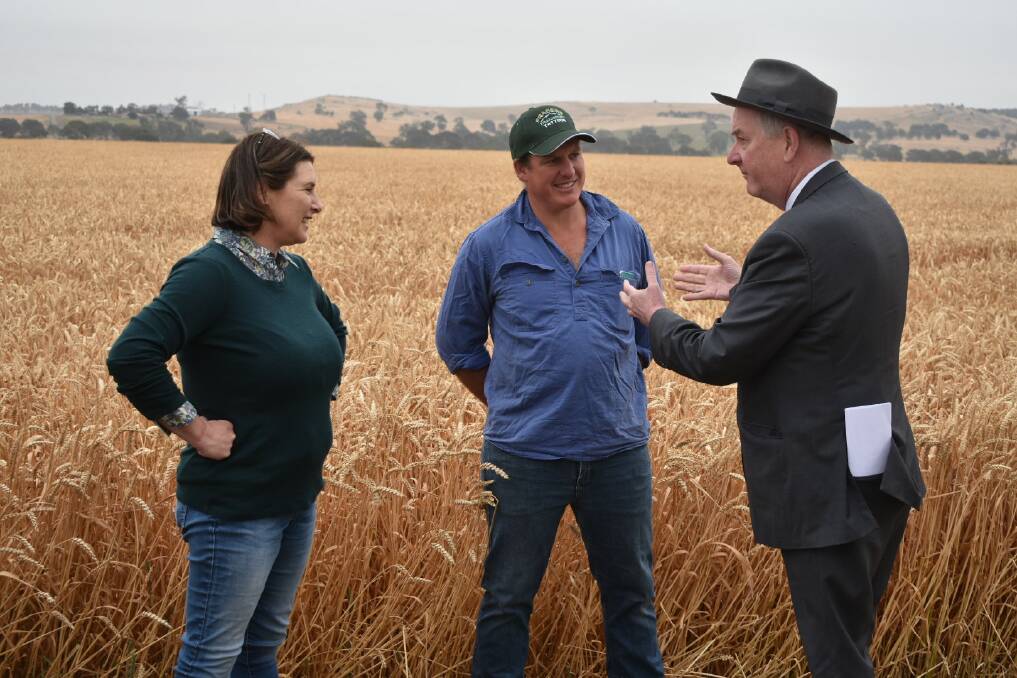DIGITIAL TWIN PROJECT: Cr Armstrong, farmer Andrew Lalor and Minister for Planning and Housing Richard Wynne at an Ararat farm. Picture: JAMES HALLEY 