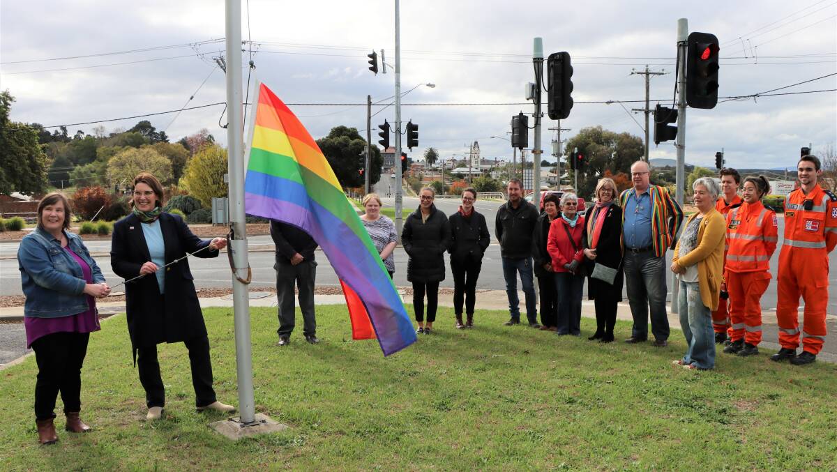 SUPPORT: Ararat mayor Jo Armstrong raising the rainbow flag in support of IDAHOBIT Day. 