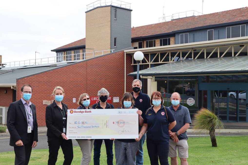 FUNDING: EGHS director support services Stuart Kerr, acting director clinical services Rebecca Peters, Lions Club of Ararat members Mary Schwencke, Barb Dempster, Jo Ritchie, Terry McInnes, president Rosi Sanders and Cr Bob Sanders. Picture: contributed, EGHS. 