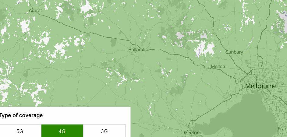 While 5G is still only available in suburban Ballarat and central Ararat, even the 4G map is not perfect. The signal fails to penetrate areas of the Wombat, Lerderderg and Enfield state parks as well as chunks of Moorabool and Pyrenees. 3G will be switched off in 2024.