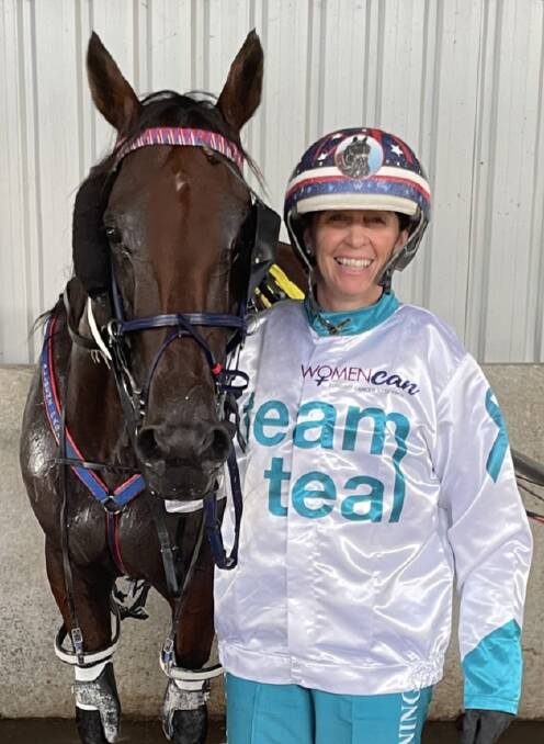 Kerryn Manning wears the Team Teal Campaign silks and pants during the six-week "race for research" fundraiser. Picture supplied
