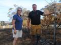 Sally and Larry Watson, Raglan, accessed the damage to their vineyard following the bushfire. Picture by Barry Murphy