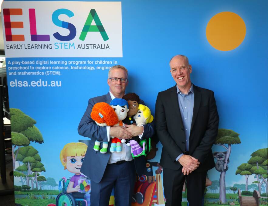University of Canberra vice-chancellor Professor Paddy Nixon with Professor Tom Lowrie, developer of the ELSA program designed to introduce young children to STEM and spatial reasoning skills. Picture: Supplied