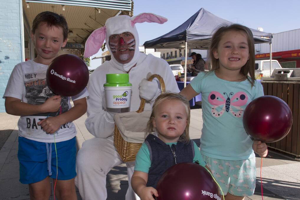 Easter Bunny in Barkly St on Thursday with Cayden, Lachlan and Ava.