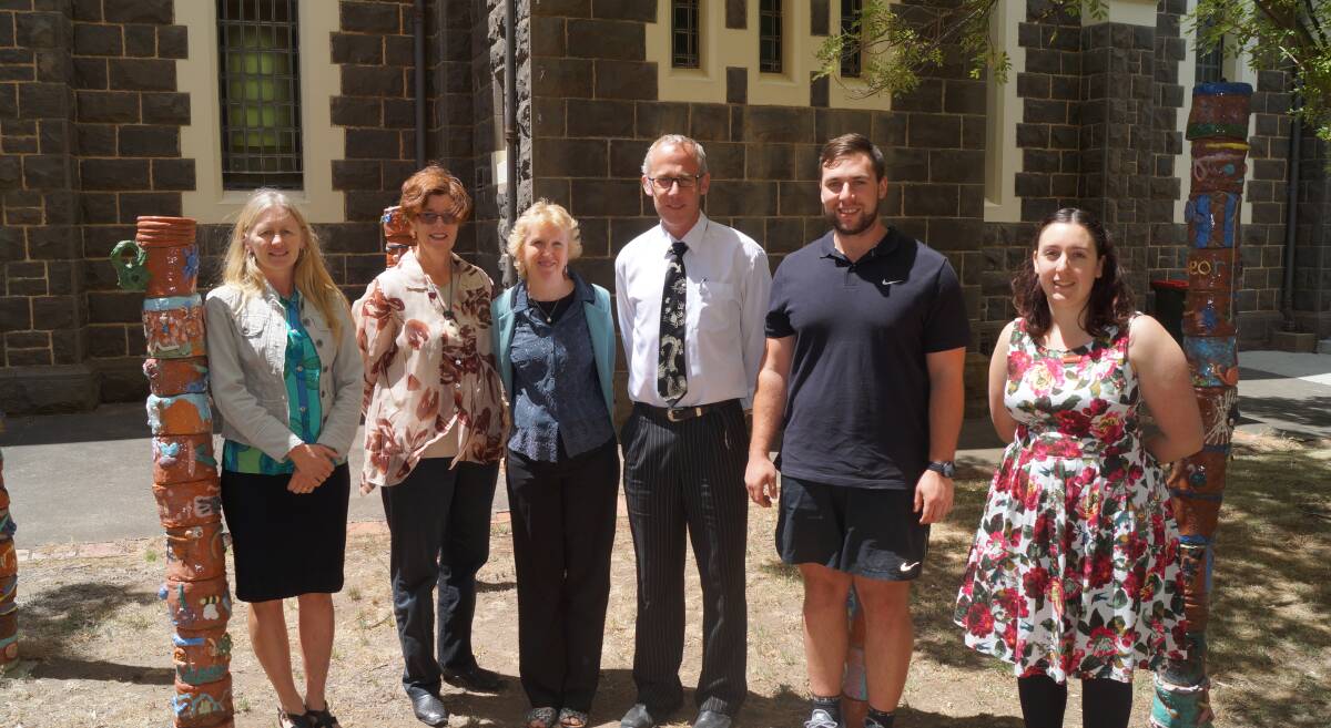 SMILES: Lynette Cox Hayward, Wendy Taylor, Lucy Edwards, Geoff Parker, Matt James, Elysia Weir have been welcomed to Marian College this year. Joseph Murphy is absent. Picture: Jeremy Venosta