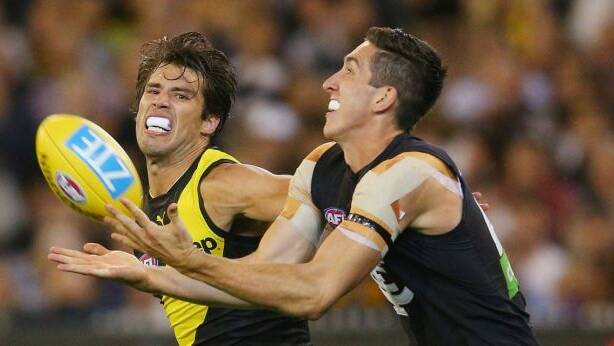 Jacob Weitering kicked three goals on Alex Rance in round one. Photo: Getty Images
