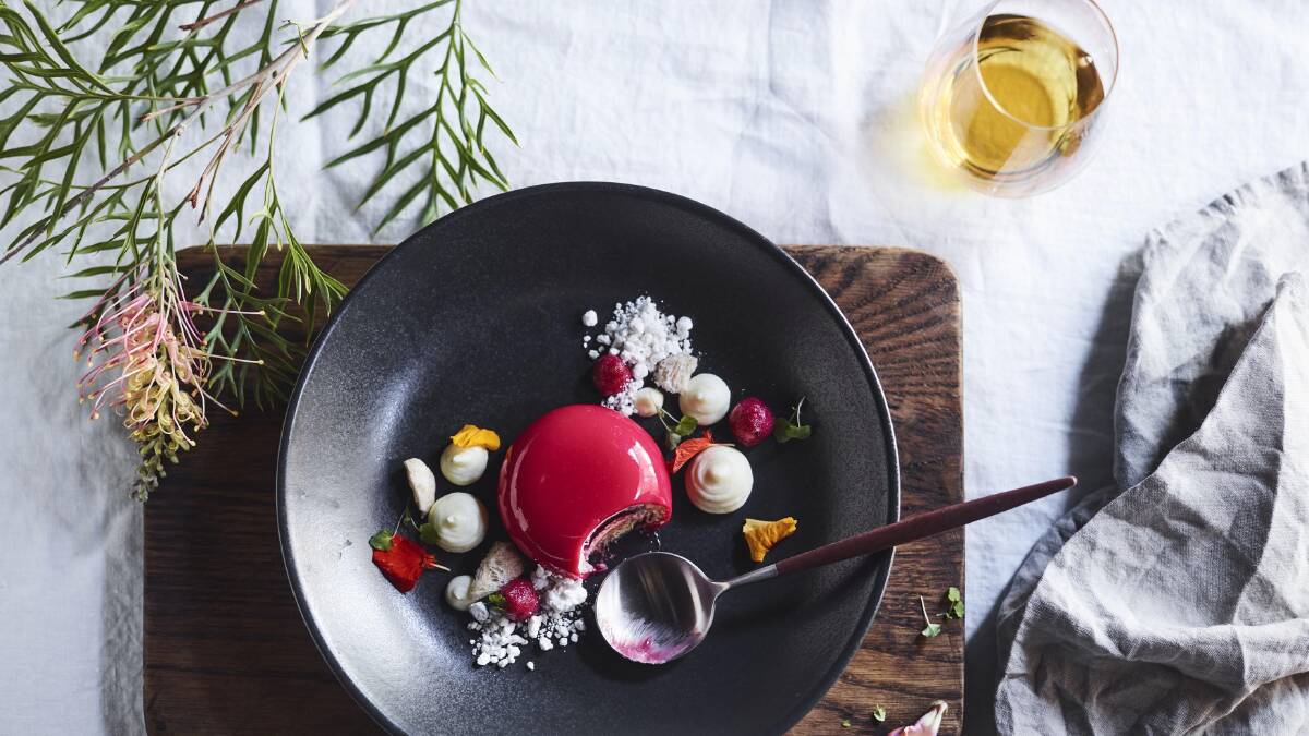 Rosella and lychee petit gateaux … part of an exclusive Ayers Rock dining experience.