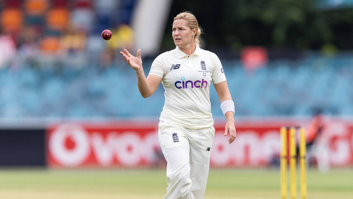 Katherine Brunt took five wickets for England before Australia declared at 9-337. Picture: Sitthixay Ditthavong