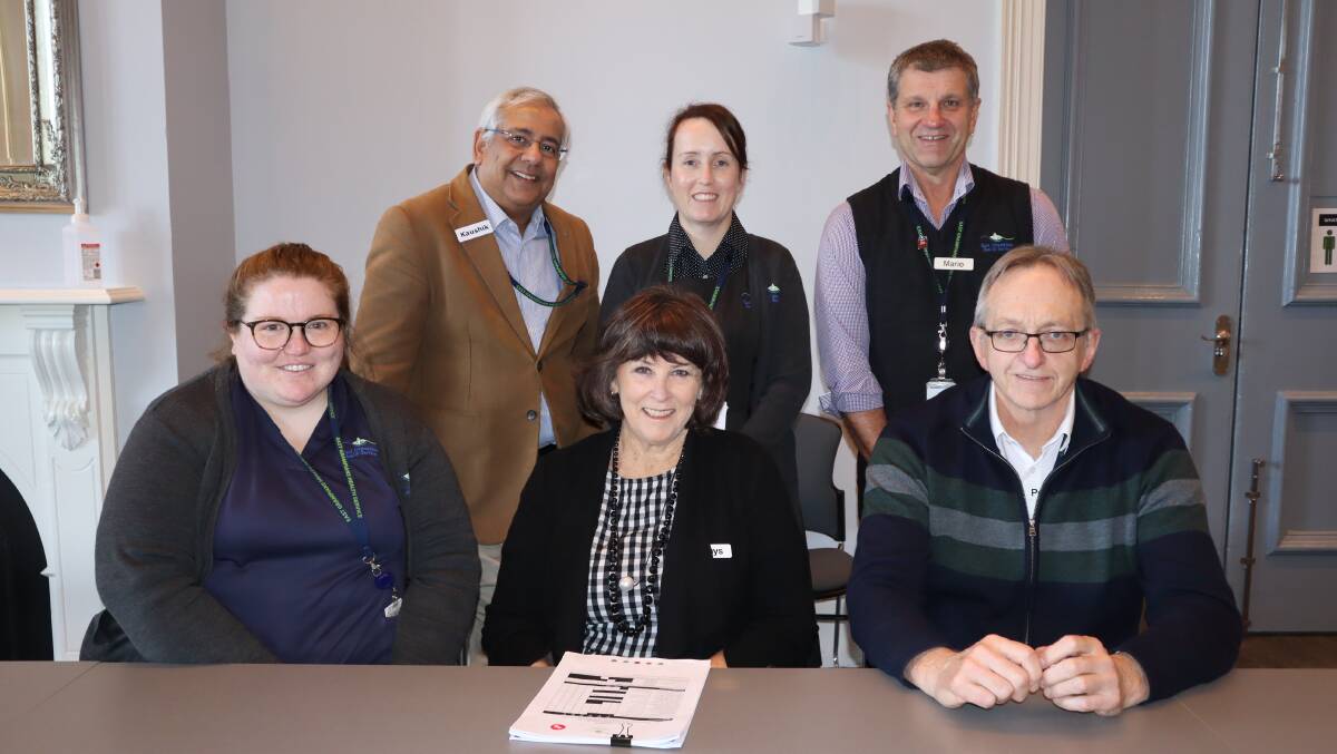 Volunteer Consumer Representative Glenys Andrew (front centre) with fellow members of the EGHS Research Committee, back L-R, Director of Medical Services Kaushik Banerjea, Manager of Development and Improvement Jaclyn Biship, Director of Development and Improvement Mario Santilli, front L-R, Occupational Therapist Nicole Murray and Director of Clinical Services Peter Armstrong. Picture supplied.