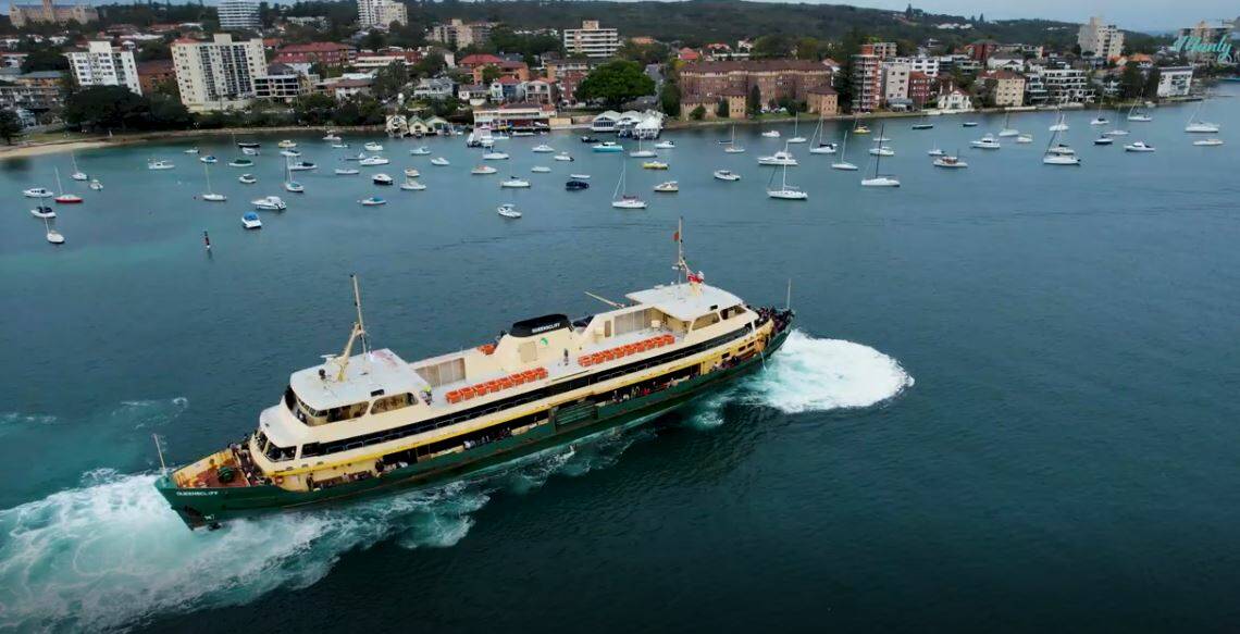 ONE LAST TIME: The Queenscliff ferry makes its way to Circular Quay for the final time. Picture: Many Drone (supplied)