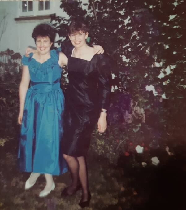Trina Patterson (right), aged 18 or 19, in a homemade B&S ballgown, heading to the Miles B&S Ball. Circa 1987.