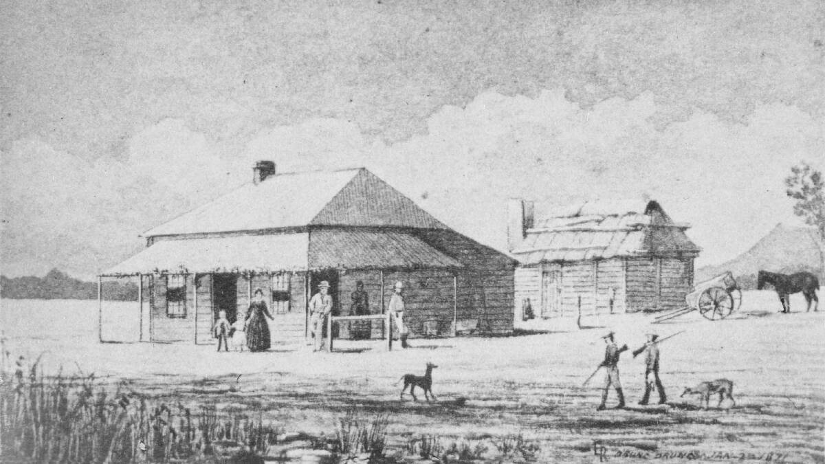 STOPPING POINT: Sparke's Drung Drung Hotel, looking south-east. Sketched by Edward Roper, 2 January, 1871 [Source: Mitchell Library, Sydney (982.9/R)].