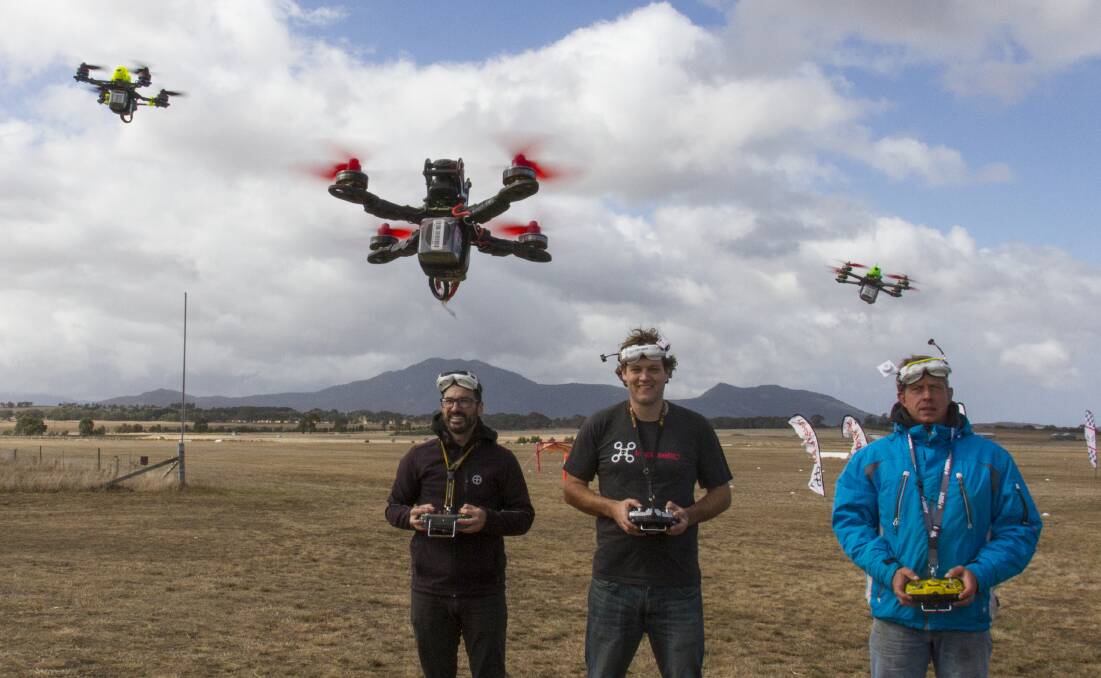 FLYING HIGH: Drone pilots Luke Godeassi, Dan Vogel and Guy Goldsbrough at the Ararat event on Saturday. Picture: Peter Pickering