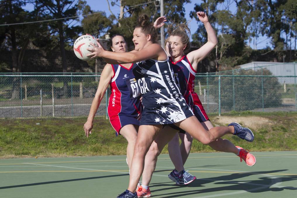 ATTACK: Ararat Eagles player Holly Leggett snares the ball against Lismore-Derrinallum during the 2017 season. Picture: Peter Pickering