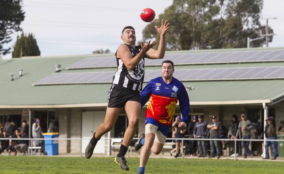 LEAD: Wickliffe-Lake Bolac's Brock Wardlaw in action for the Magpies against Great Western. Picture: PETER PICKERING